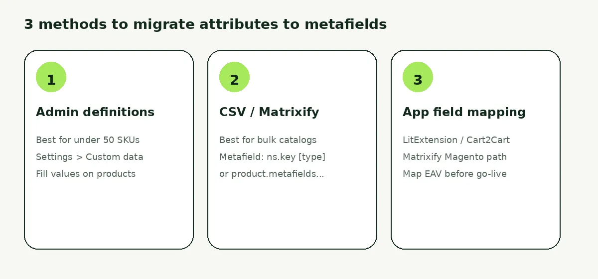 Three methods cards: Admin definitions, CSV Matrixify, and migration app mapping