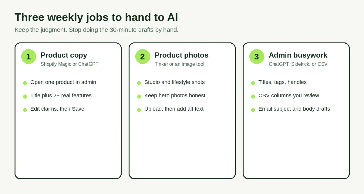 Three weekly Shopify jobs to hand to AI: product copy, product photos, and admin busywork