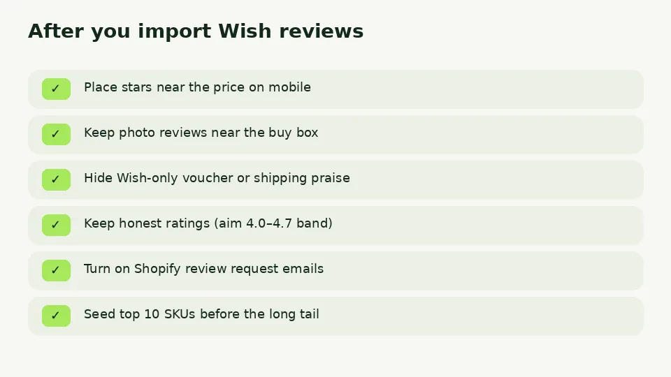 Checklist after importing Wish reviews to Shopify