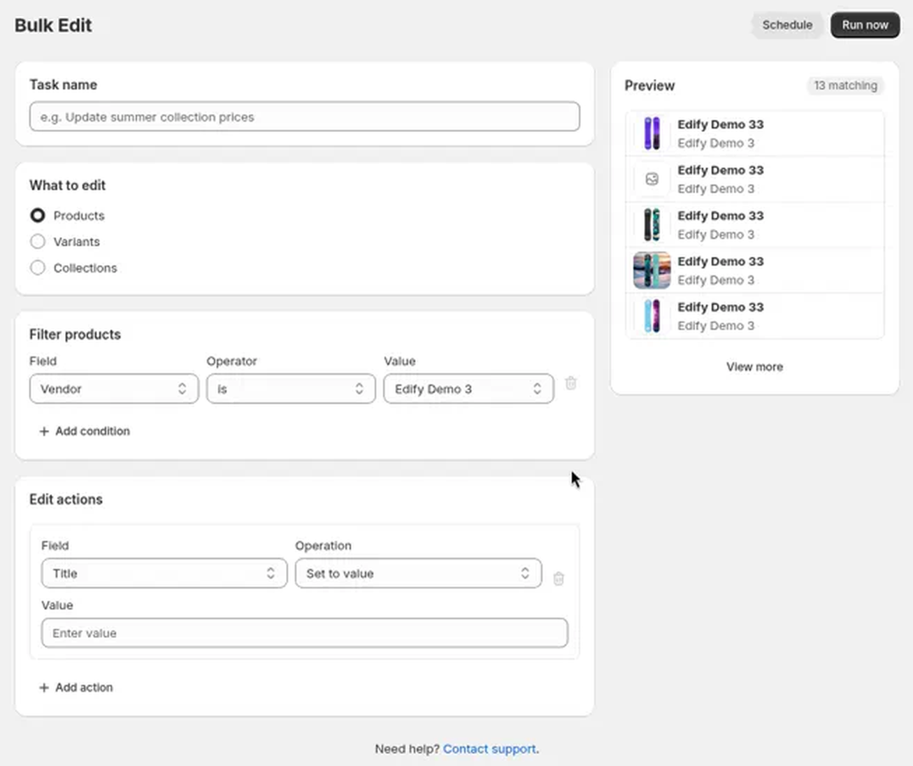 The Bulk Edit page with a Vendor filter, an edit action, and the Preview panel