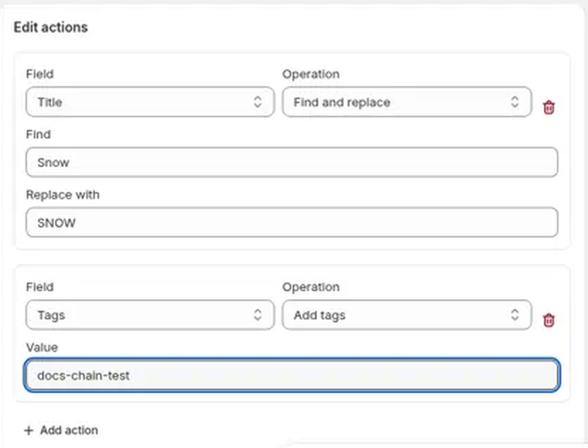 Two edit actions in one task: Title Find and replace, then Tags Add tags