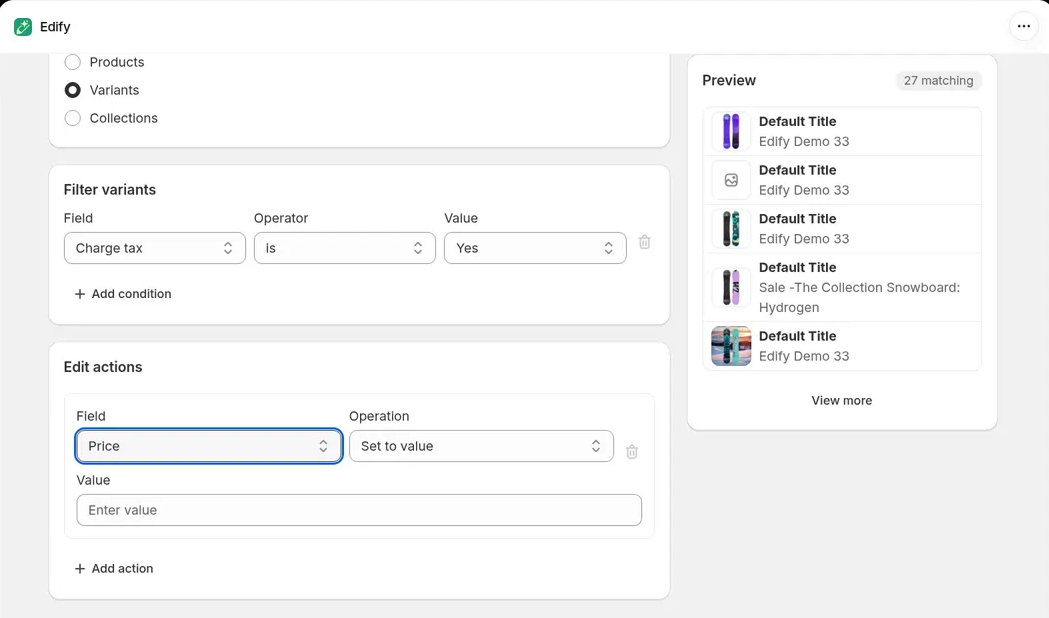 Variants selected, with a Filter variants row set to Charge tax, is, Yes, and the Preview showing 27 matching