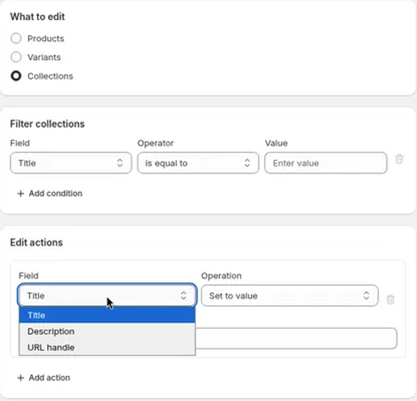Field list with Collections selected: Title, Description, URL handle