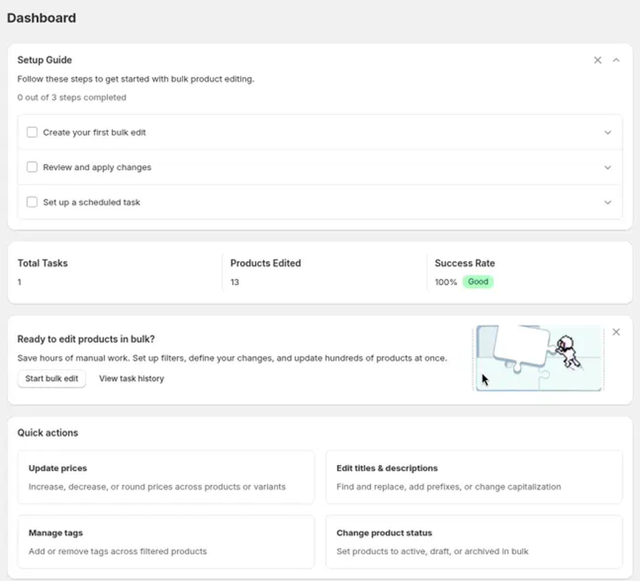 Edify Dashboard with the Setup Guide, task stats, and quick actions