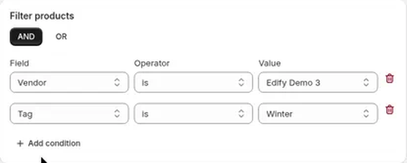 Filter card with two conditions and the AND / OR toggle above them