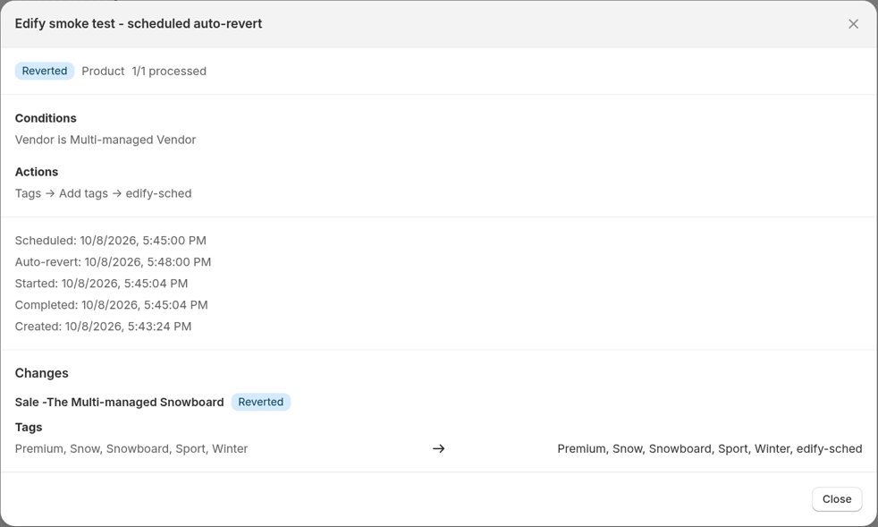 Task details for a scheduled task with status Reverted, showing Scheduled, Auto-revert, Started, Completed, and Created times, and a Tags change marked Reverted