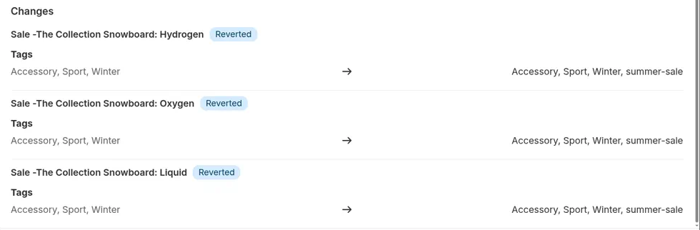 Changes section after a revert: each product marked Reverted, still showing the old value → new value the task applied