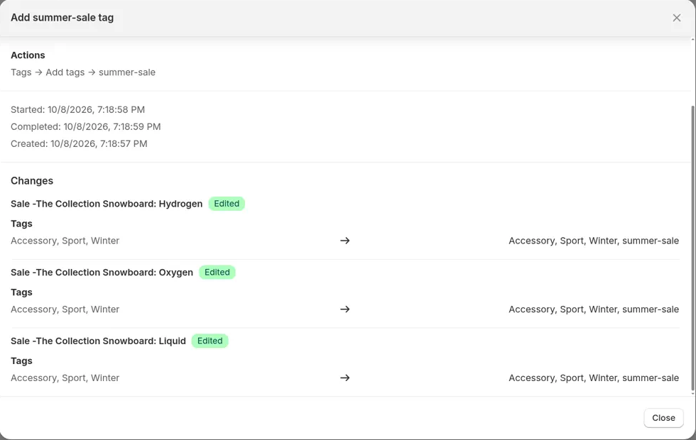 Task details window with the Changes section: three products marked Edited, each showing Tags old value → new value