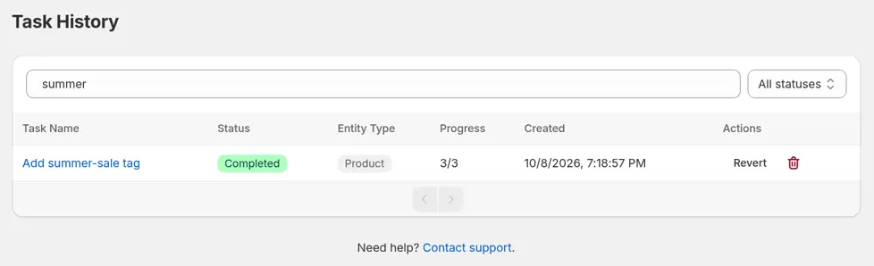 Task History searched for summer, showing one completed task with Revert and delete buttons