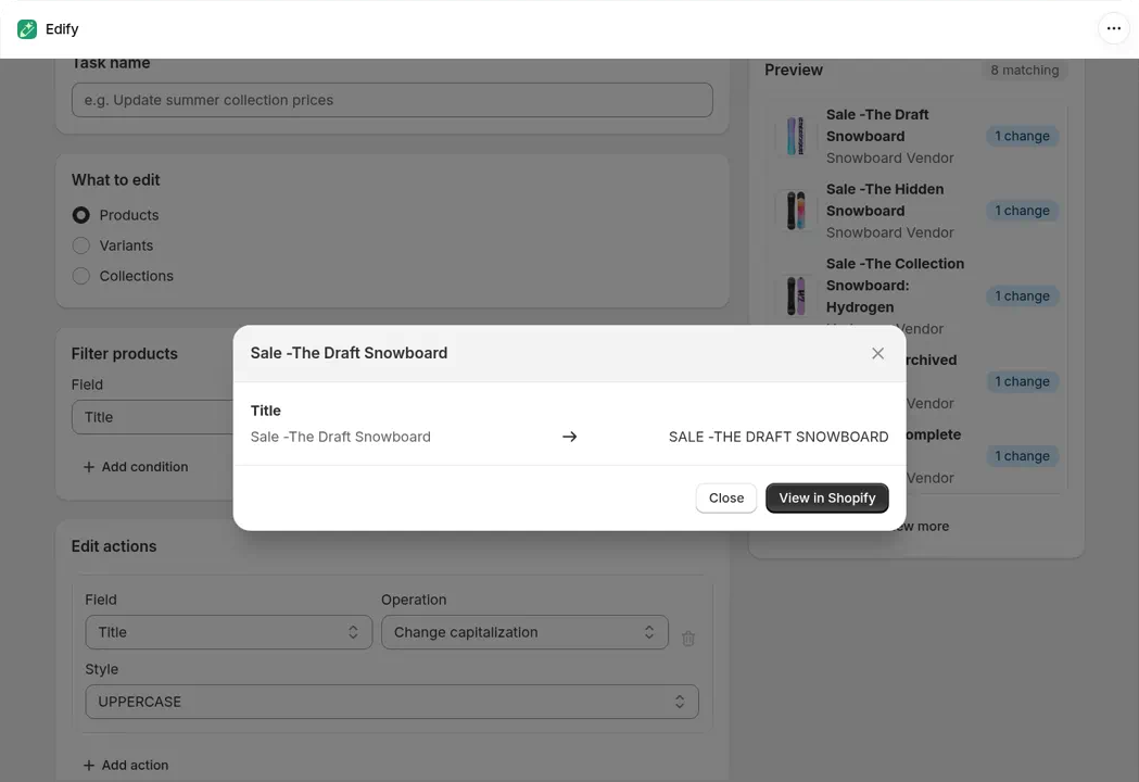 Title with Change capitalization set to UPPERCASE. The Preview window for Sale -The Draft Snowboard shows the title becoming SALE -THE DRAFT SNOWBOARD
