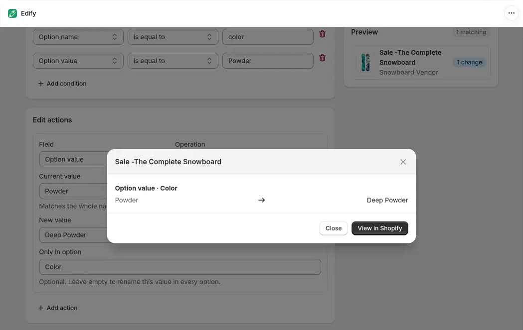 Preview window for Sale -The Complete Snowboard with one line, Option value · Color, going from Powder to Deep Powder, and Close and View in Shopify buttons