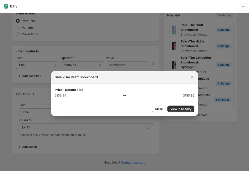 Price with Round price set to $X.95. The Preview window for Sale -The Draft Snowboard shows Price · Default Title going from 3155.94 to 3155.95