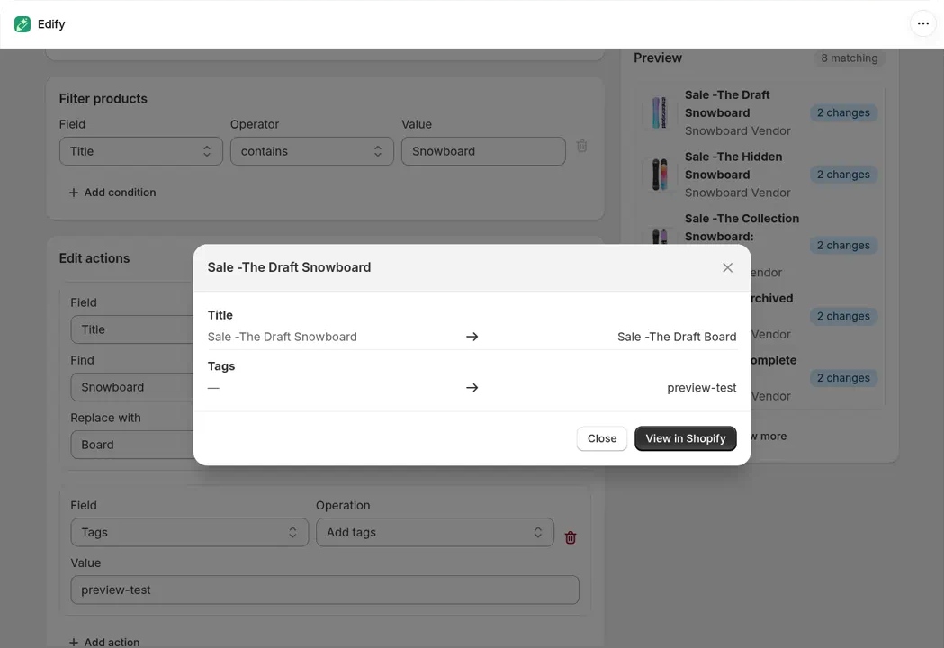 Title Find and replace plus Tags Add tags preview-test. The Preview list shows 2 changes badges, and the window for Sale -The Draft Snowboard shows Title Sale -The Draft Snowboard to Sale -The Draft Board and Tags empty to preview-test