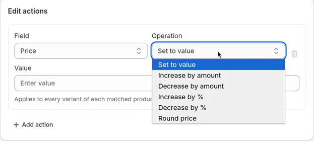 Price selected in Edit actions, with the Operation list open: Set to value, Increase by amount, Decrease by amount, Increase by %, Decrease by %, Round price