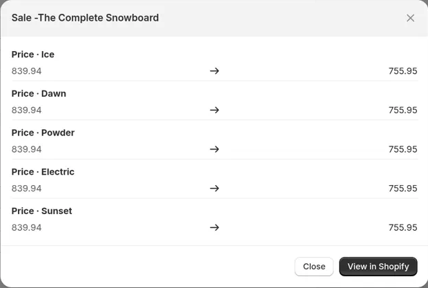 Preview window for Sale -The Complete Snowboard listing Price for each of its 5 variants, 839.94 to 755.95
