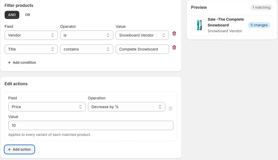 Products filtered by Vendor and Title, with a Price Decrease by % 10 action. The Preview shows 1 matching product with a 5 changes badge