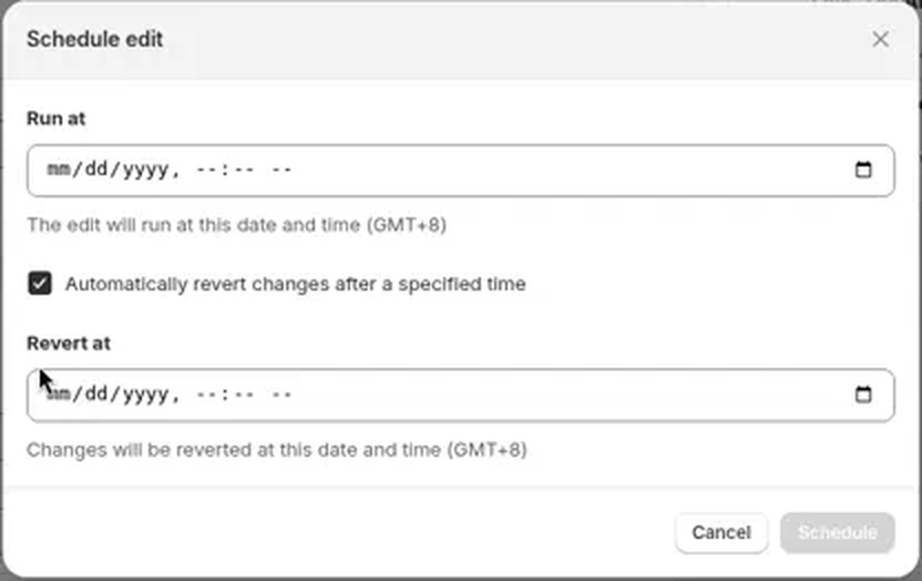 Schedule edit dialog with Run at, the auto-revert checkbox, and Revert at