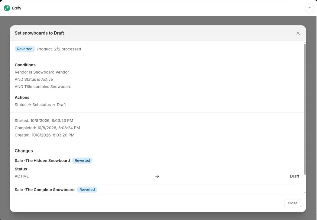 Task details for Set snowboards to Draft, with Status → Set status → Draft under Actions and Sale -The Hidden Snowboard changed from ACTIVE to Draft