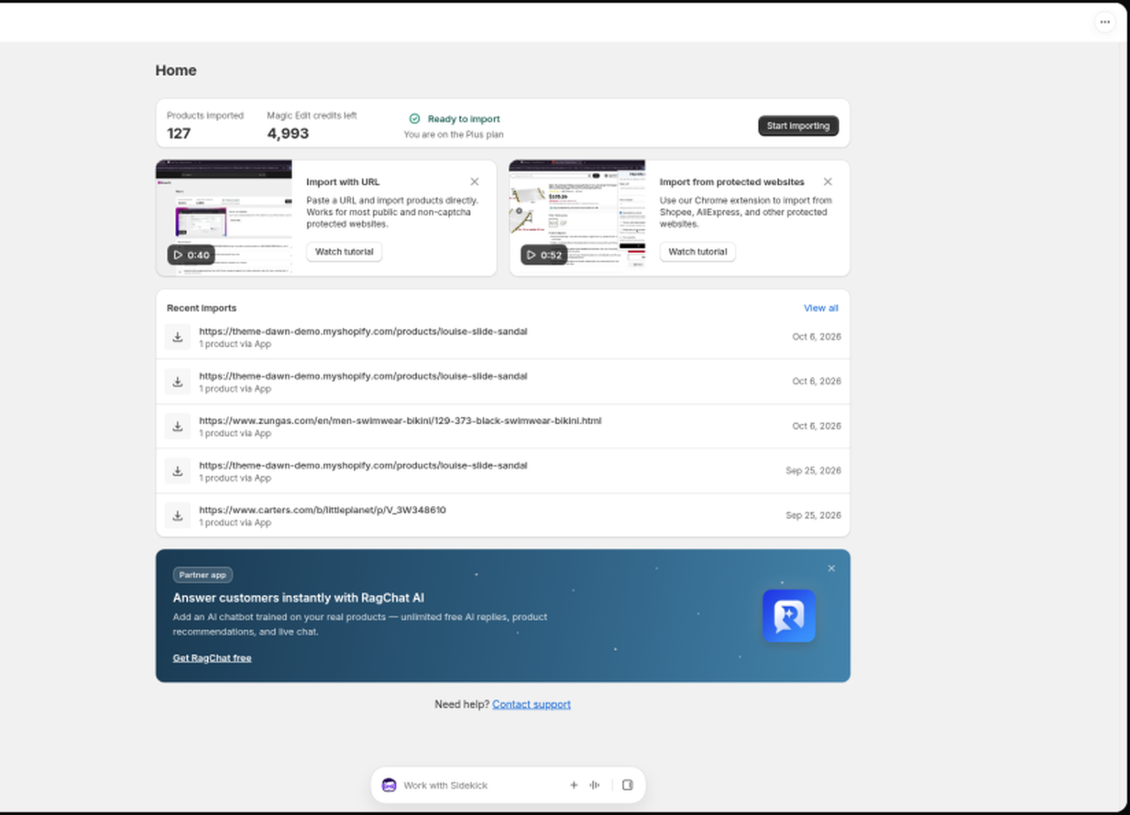 Home showing Magic Edit credits left alongside products imported and Ready to import