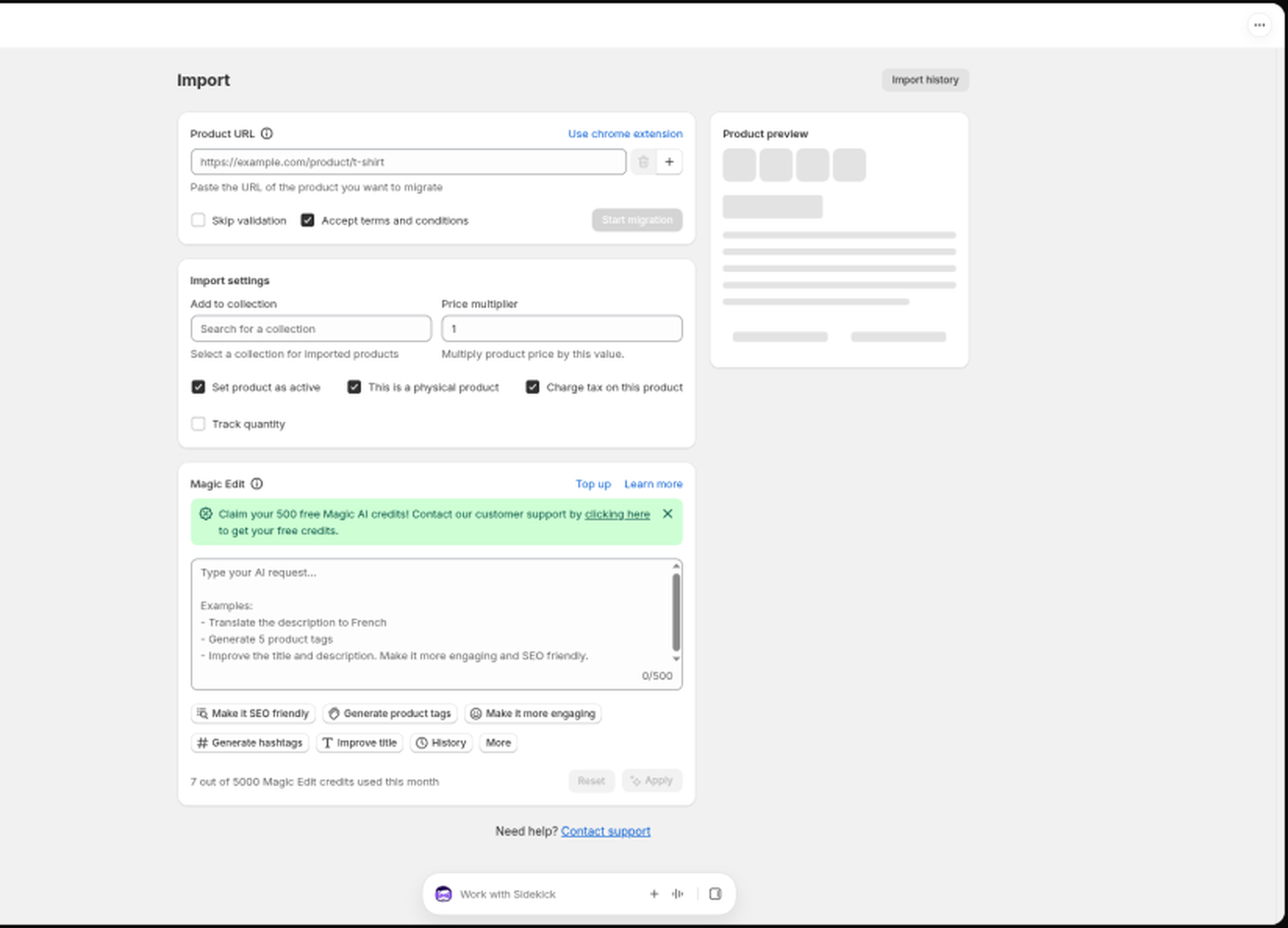 The Import page with Product URL, Import settings, Magic Edit, and Start migration