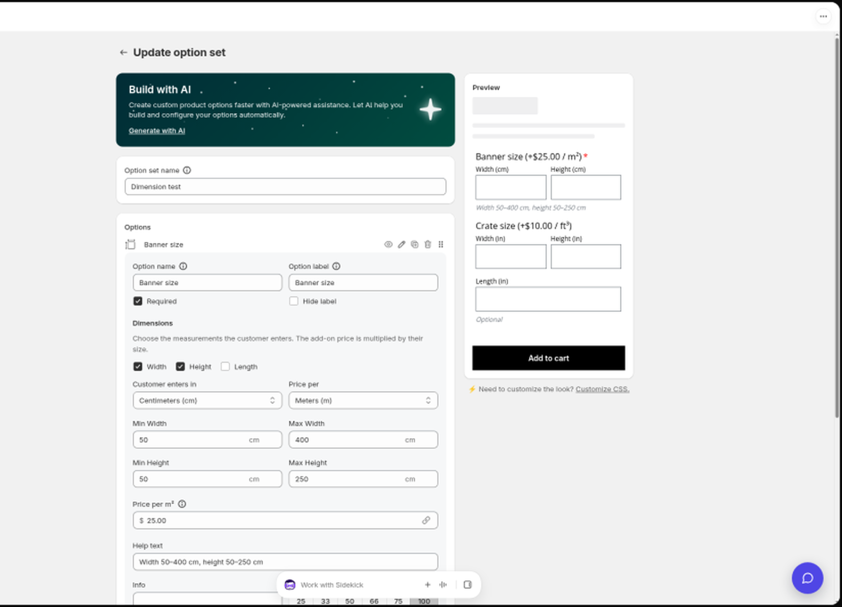 Dimension option Banner size with Price per m² set to $25.00 and a live preview