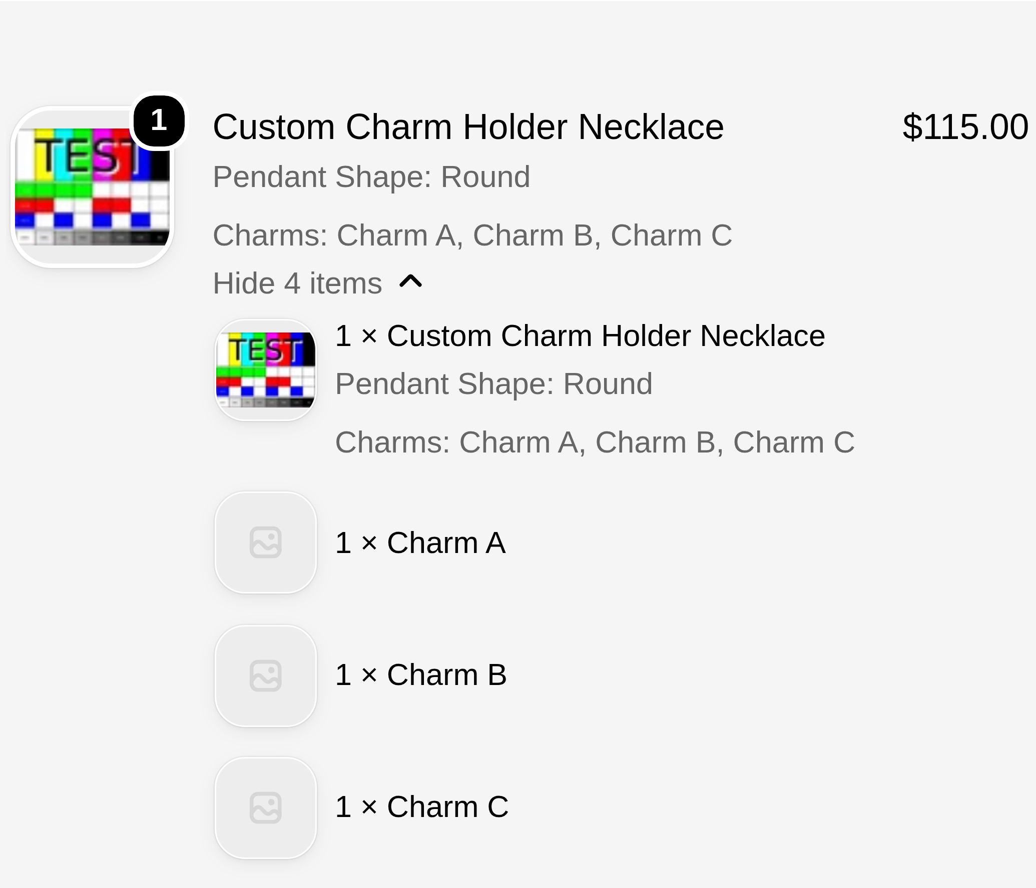 Checkout order summary showing the parent product plus Charm A, Charm B, and Charm C as separate line items