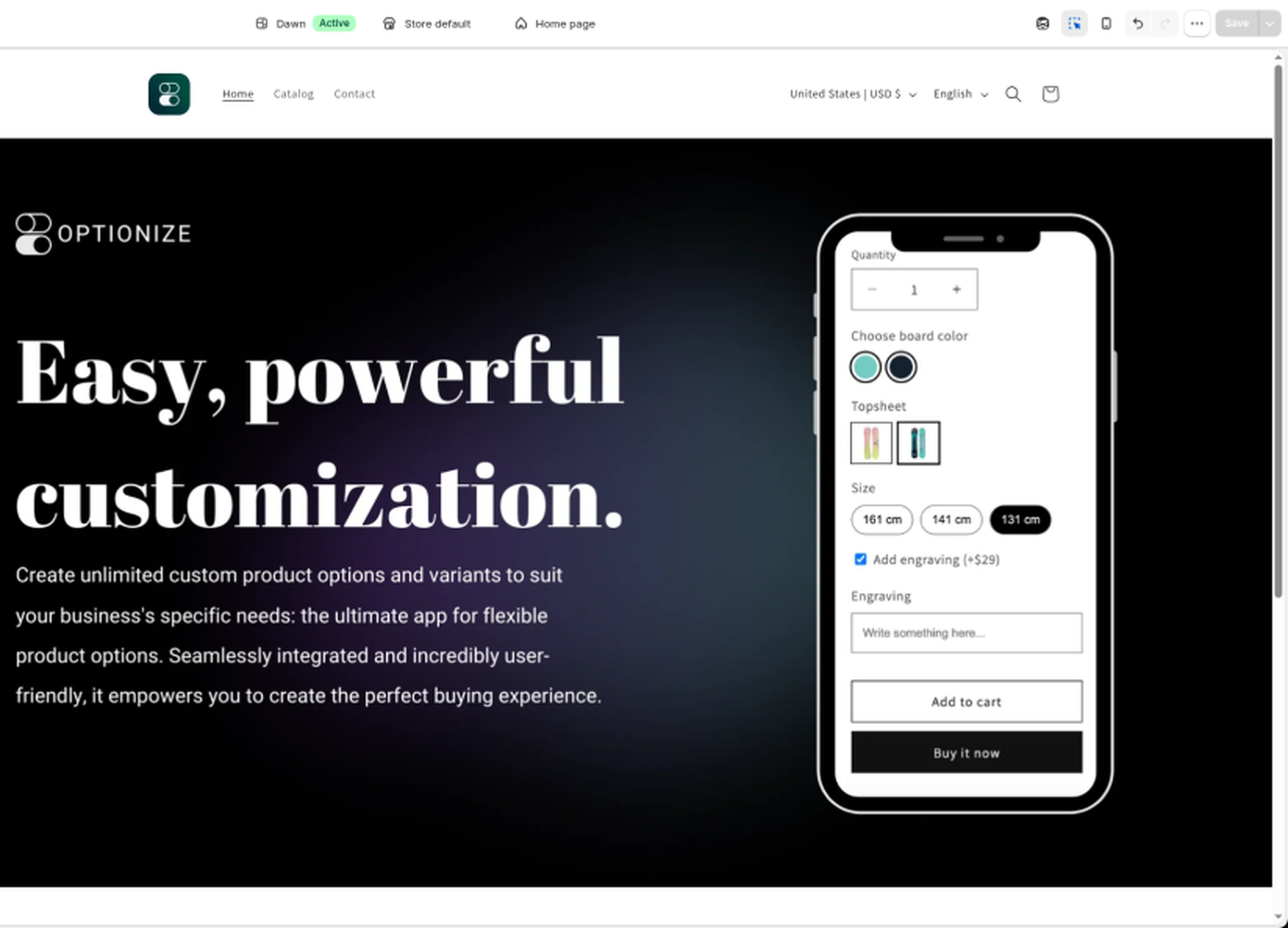 Shopify theme editor (Dawn) with Optionize product options visible in the storefront preview