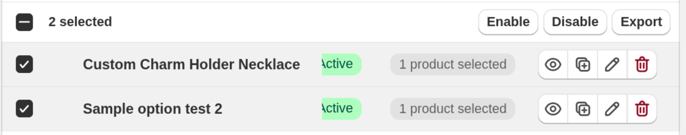 The Option sets list with two sets selected and the Enable, Disable, and Export bulk actions