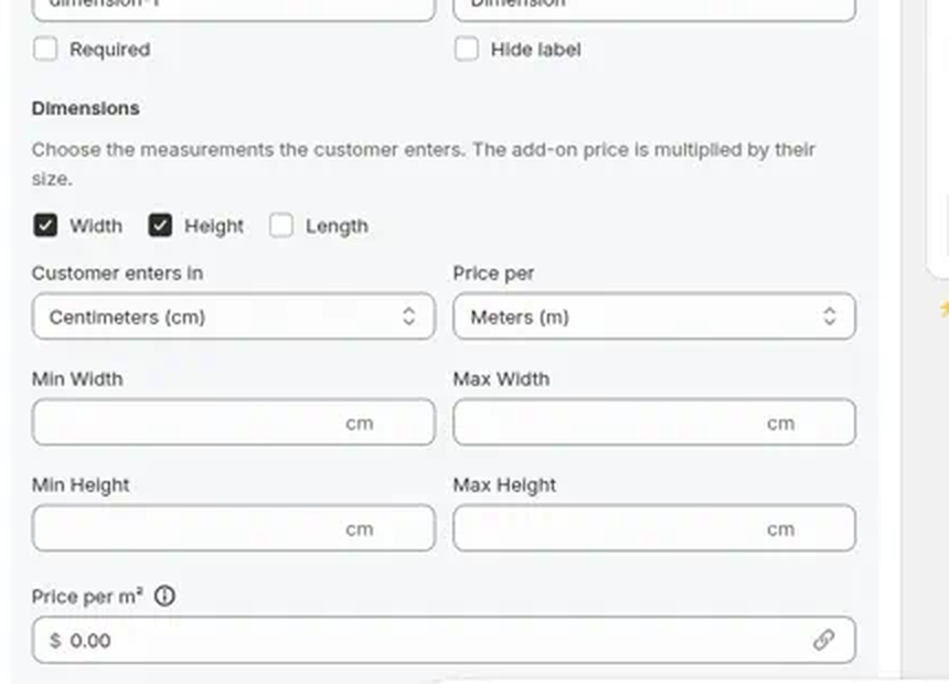 Dimension option settings with Width Height Length, units, min/max, and Price per m²