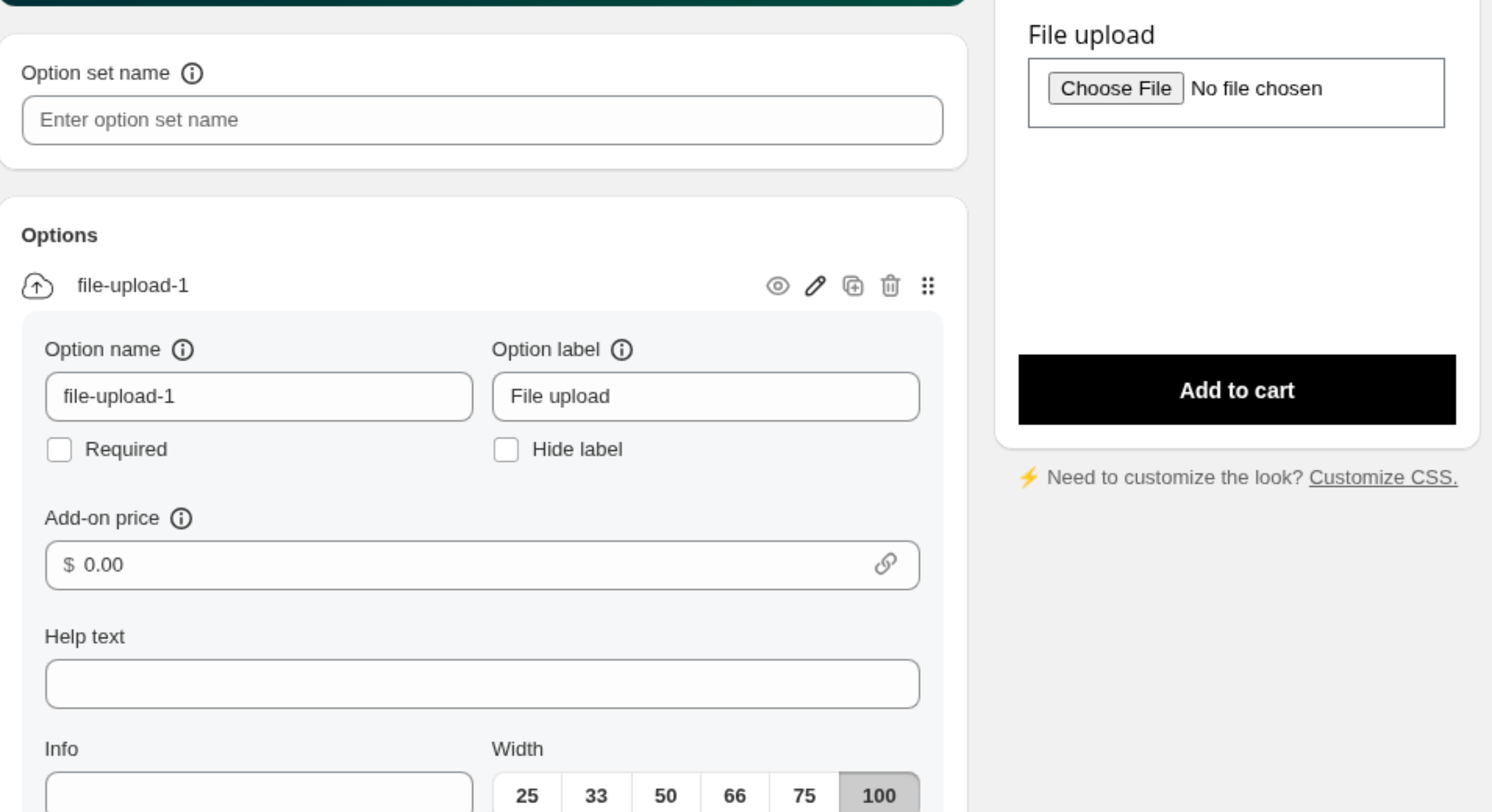 A File upload option in the editor with the live preview showing a Choose File picker