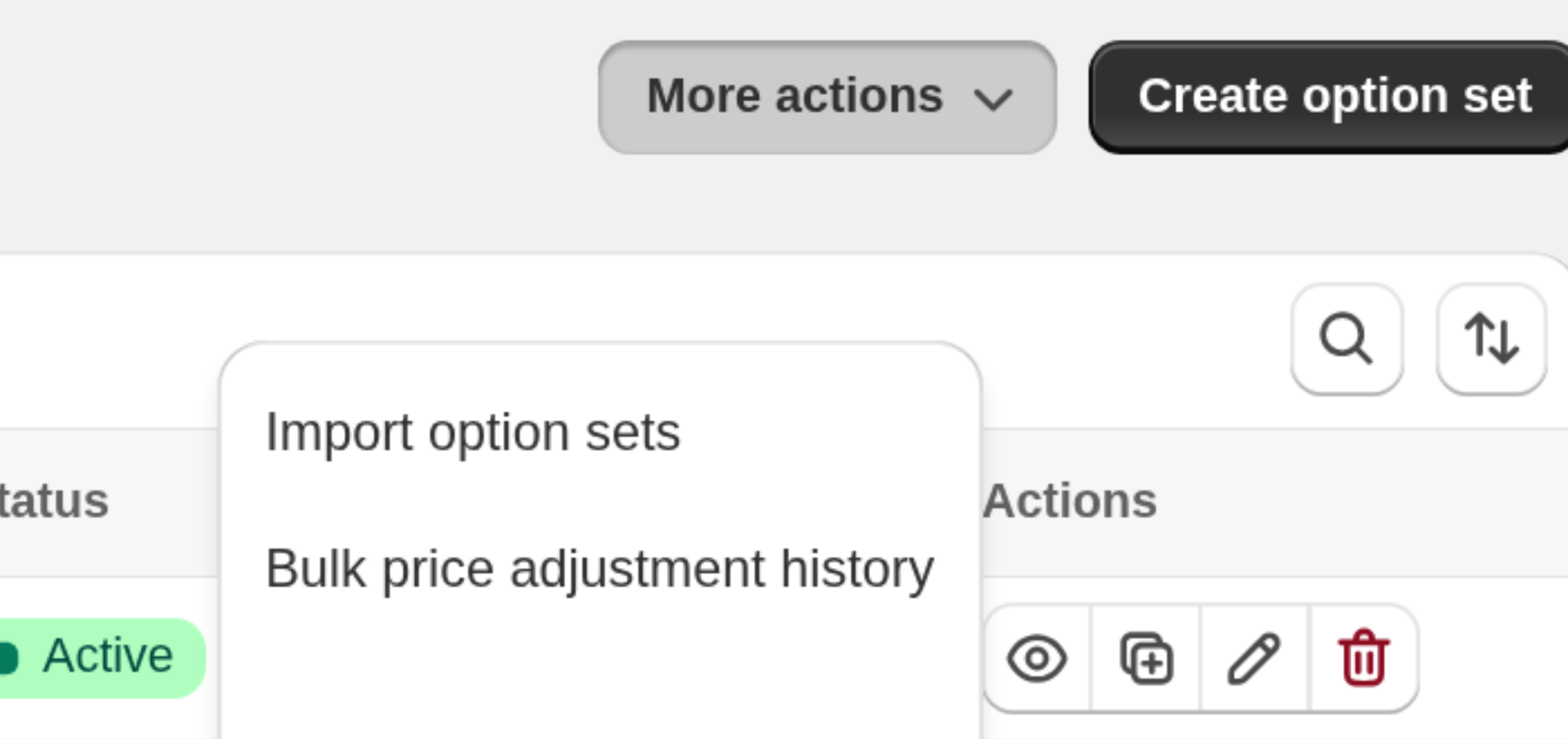 The More actions menu on Option sets, showing Import option sets and Bulk price adjustment history