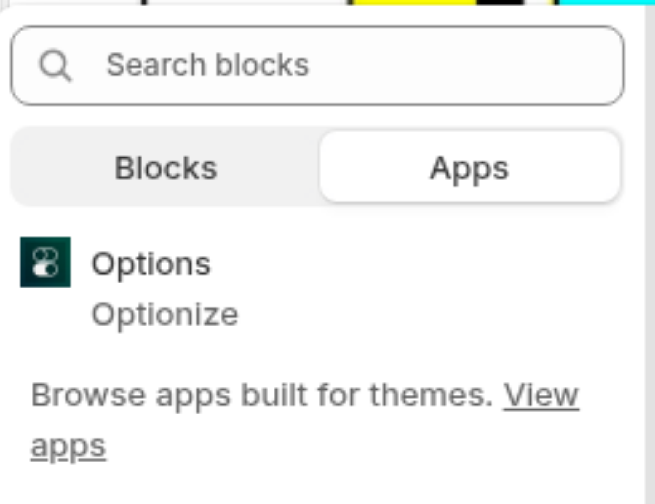 The theme editor Add block panel on the Apps tab, showing the Options block from Optionize