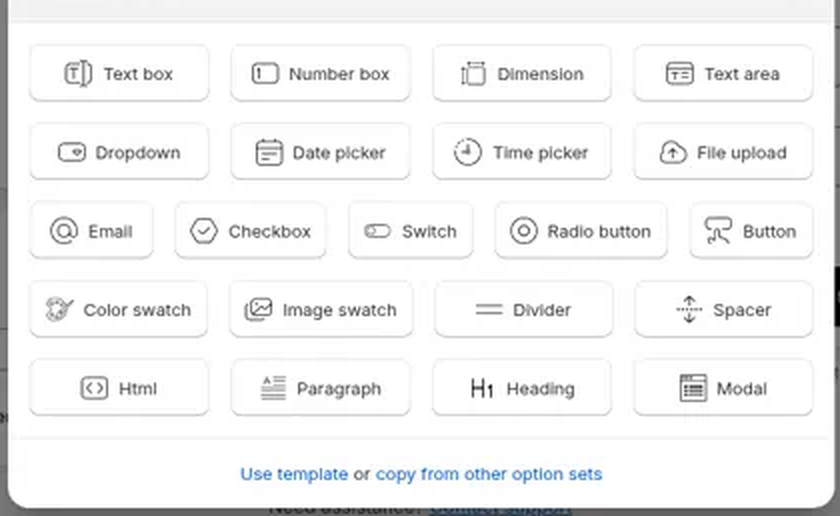 Select an option modal showing option types including Dimension