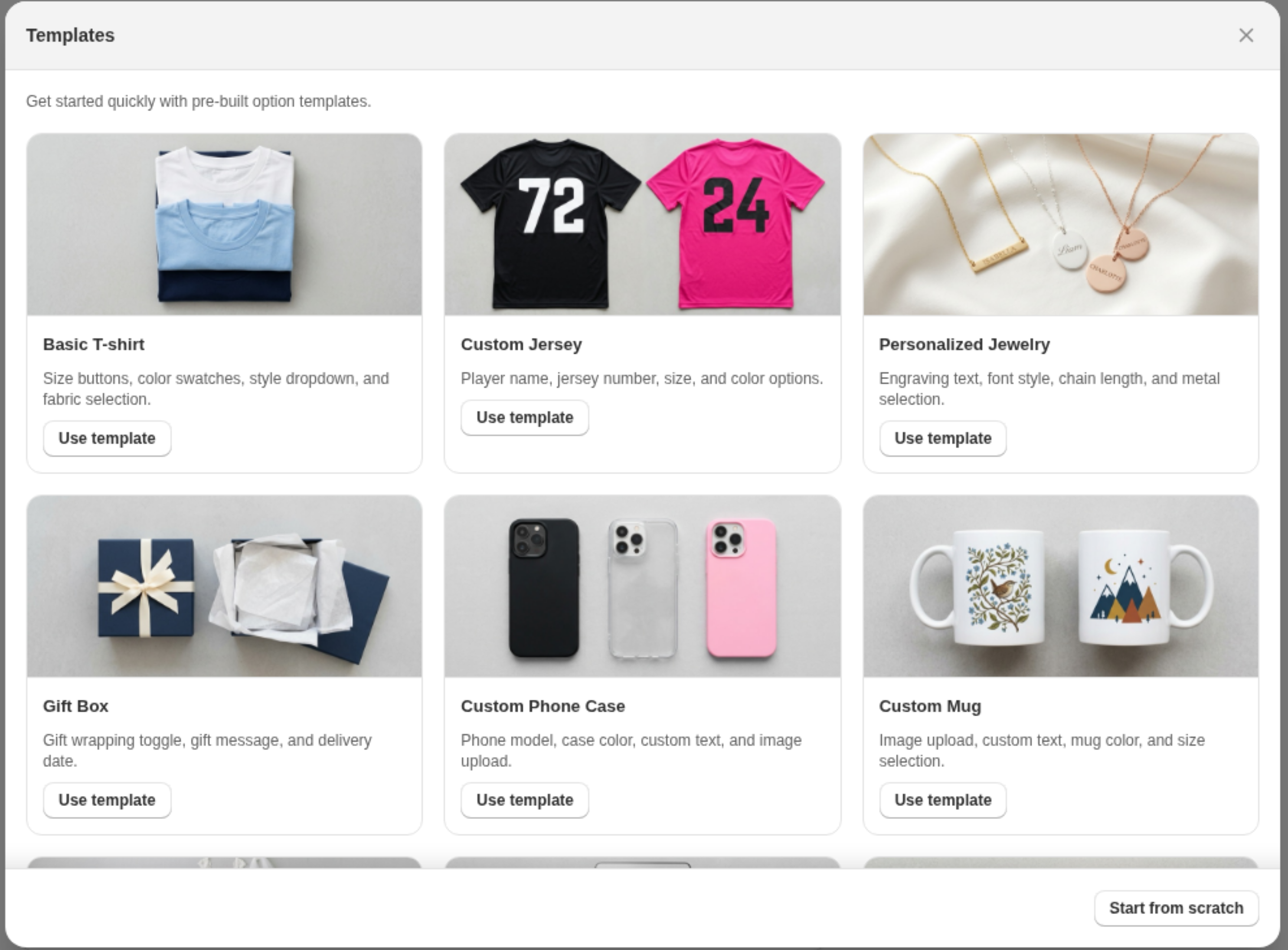 The Templates gallery with pre-built option set cards and a Start from scratch button