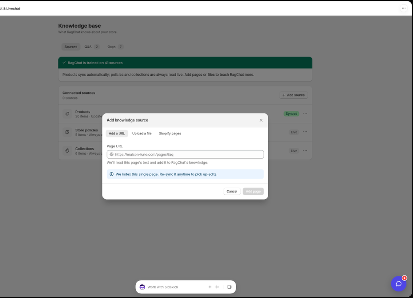 The Add knowledge source modal with Add a URL, Upload a file, and Shopify pages tabs