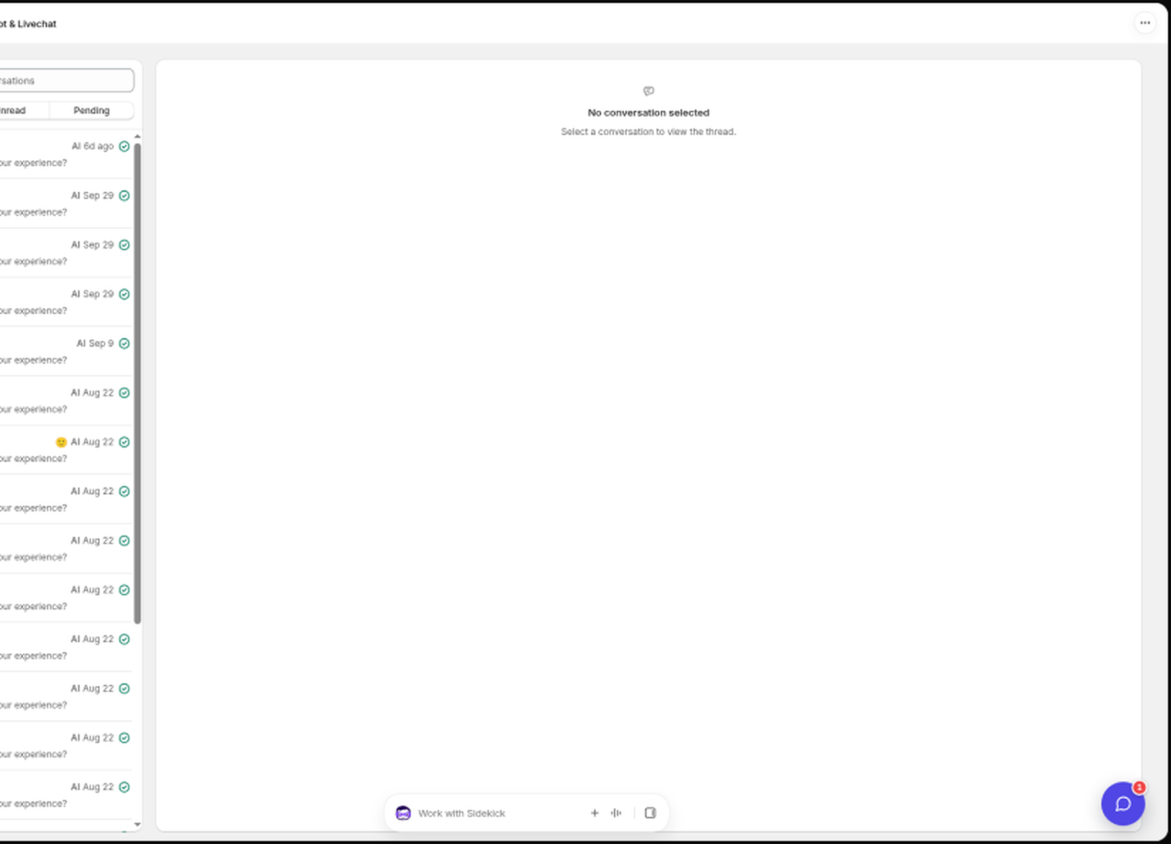 The Inbox with the conversation list on the left and no conversation selected in the center