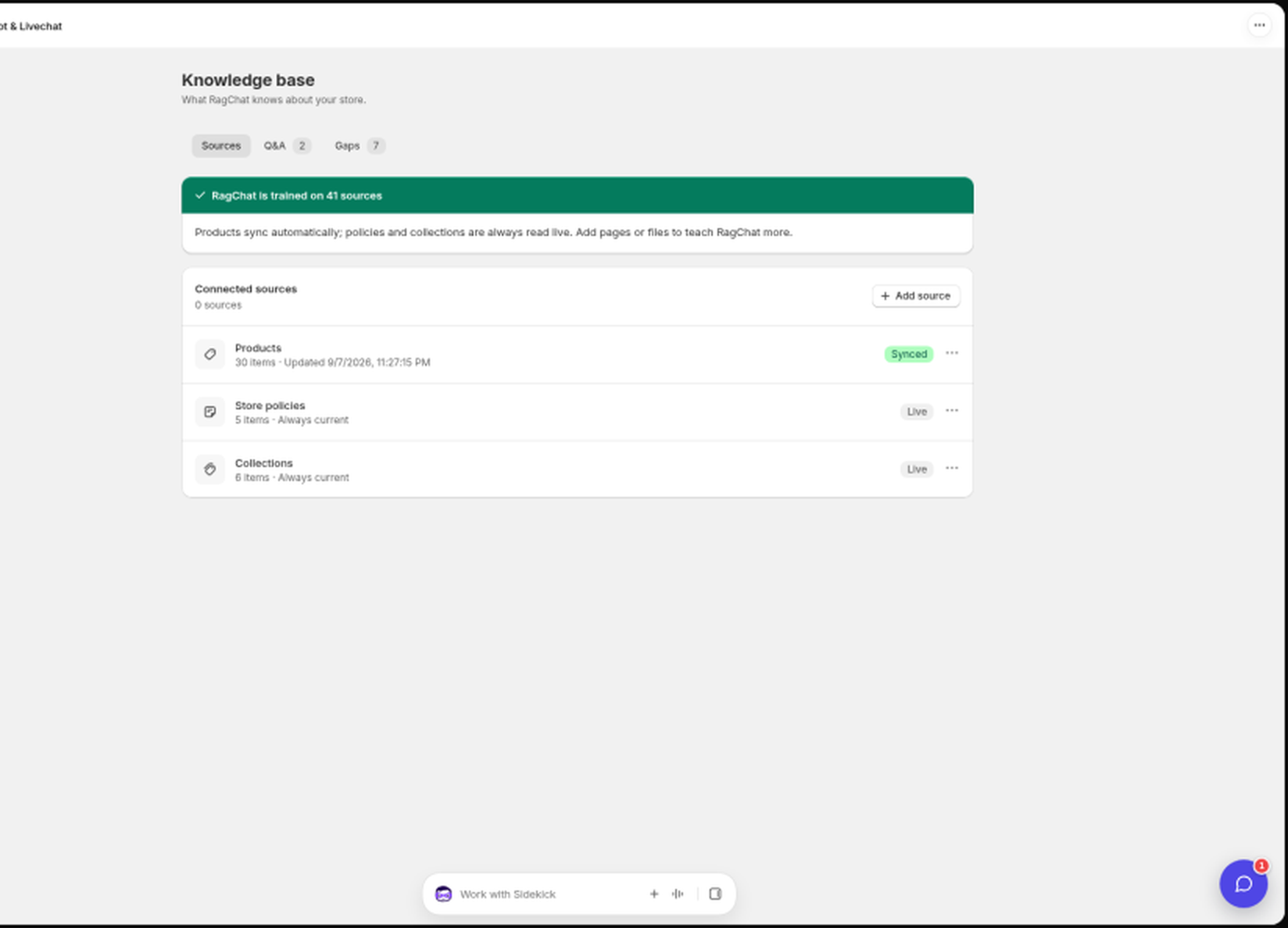 Knowledge base Sources tab with Products Synced, Store policies Live, Collections Live, and Add source