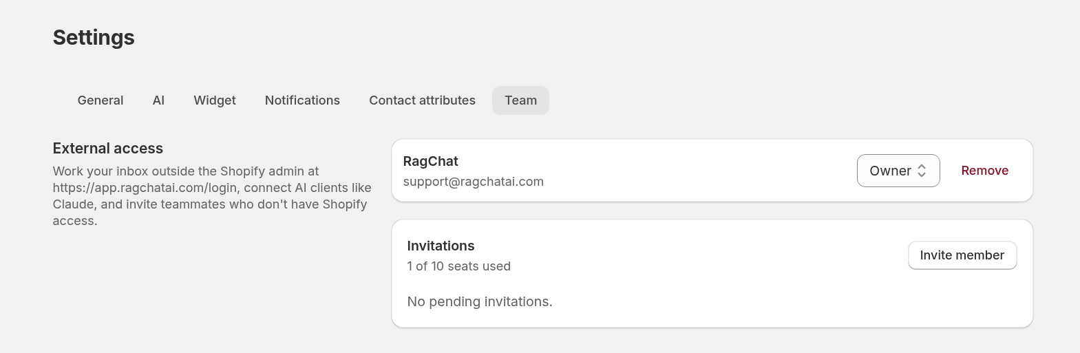 The Team tab in RagChat Settings showing the External access card with one member, RagChat at support@ragchatai.com, set to Owner with a Remove button, and the Invitations card below with an Invite member button, 1 of 10 seats used, and No pending invitations