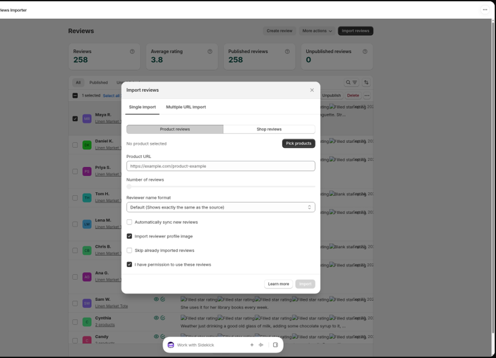 The Import reviews modal with the Automatically sync new reviews checkbox