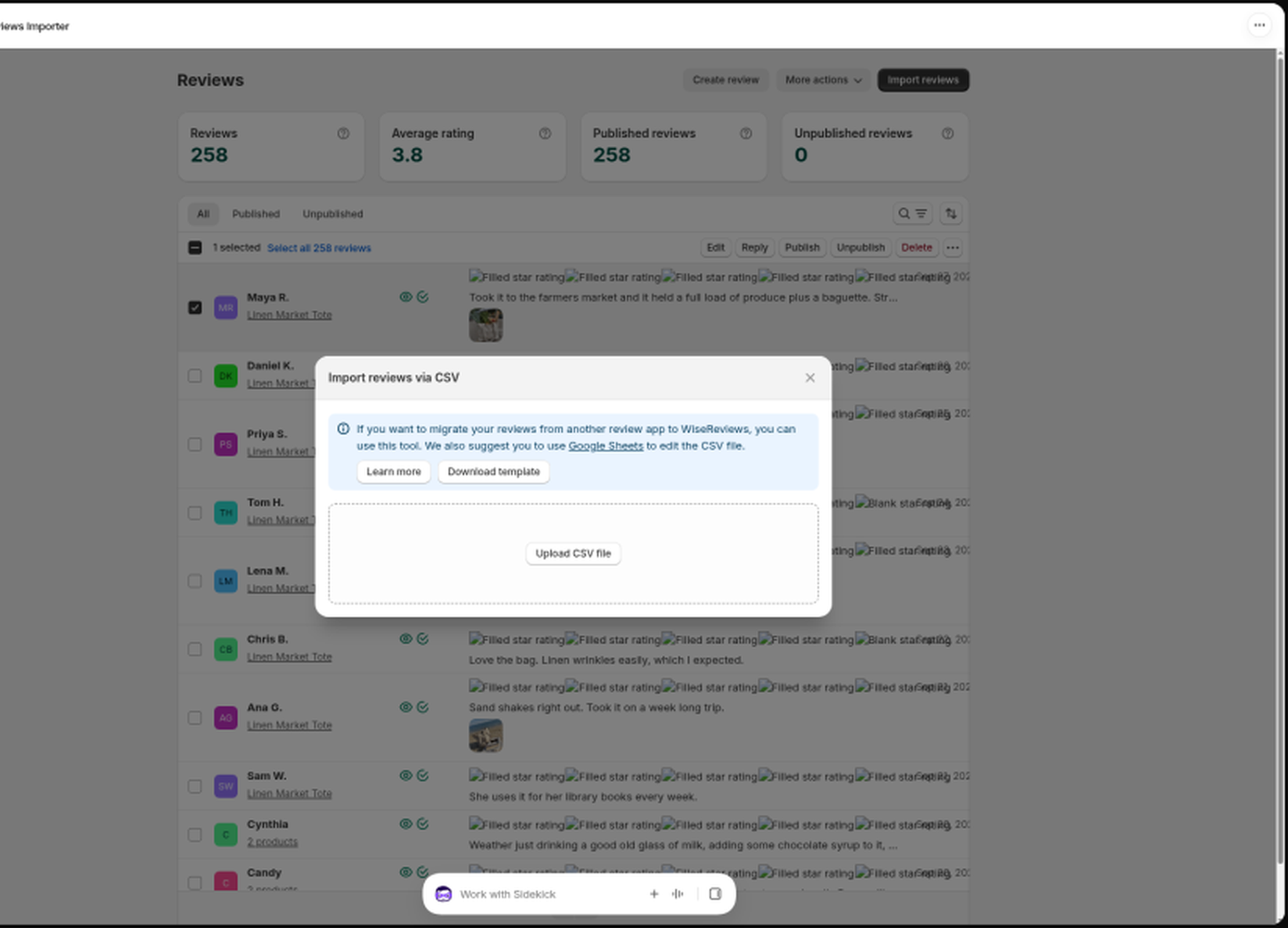 The Import reviews via CSV modal with Download template and Upload CSV file