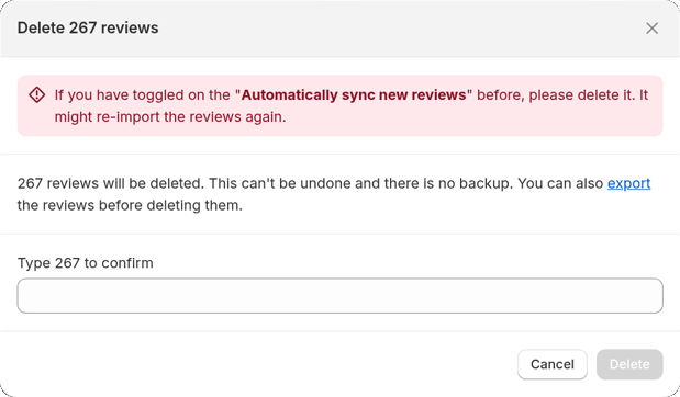 The Delete 267 reviews window with an empty Type 267 to confirm field and the Delete button greyed out