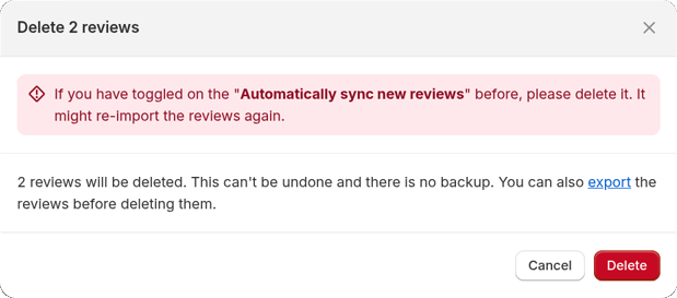 The Delete 2 reviews window with the auto-sync warning, the export link, and the Cancel and Delete buttons