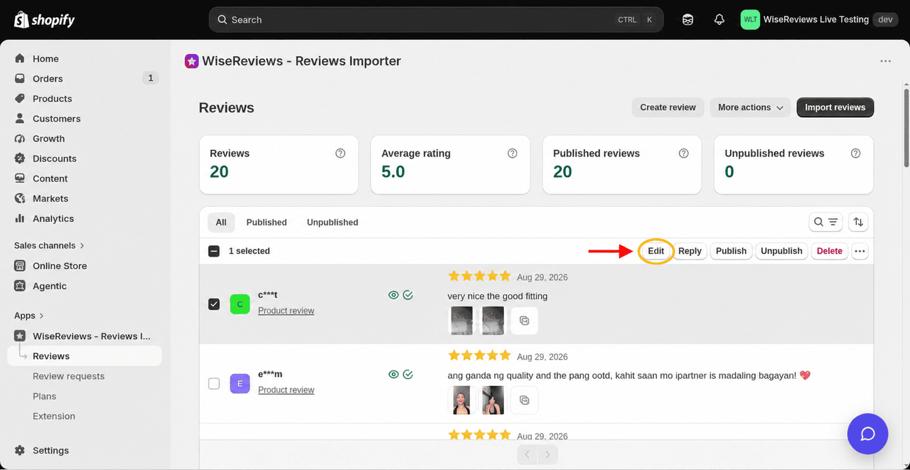 After selecting one review, Edit appears in the action bar above the list