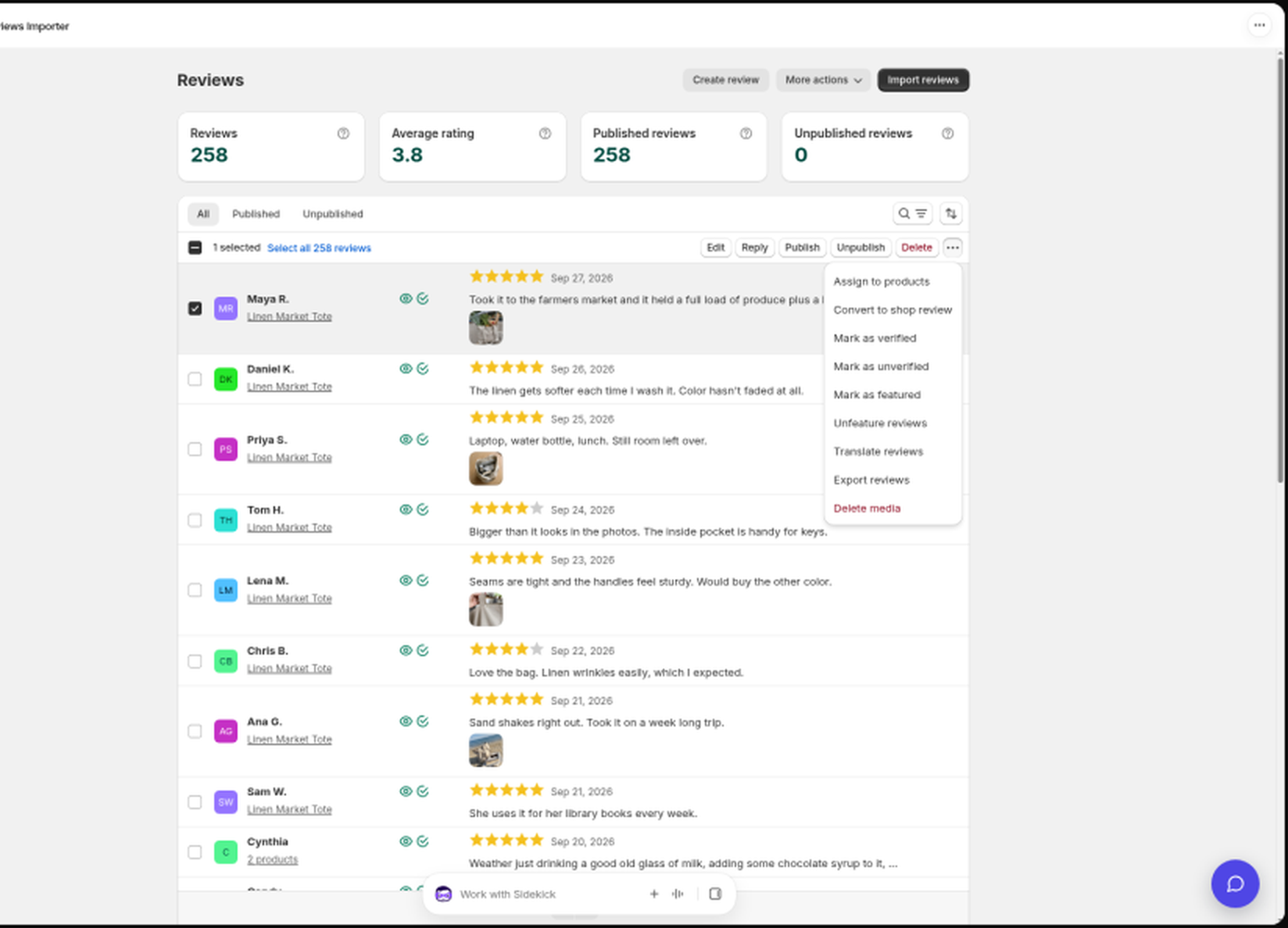 Selecting a review and choosing Mark as featured from the actions menu