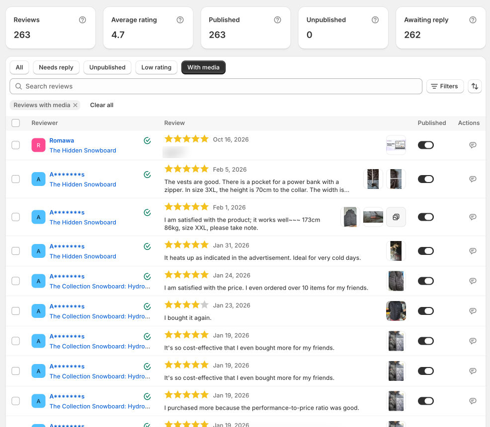 The redesigned Reviews page with a Published switch on each row and media beside the review text