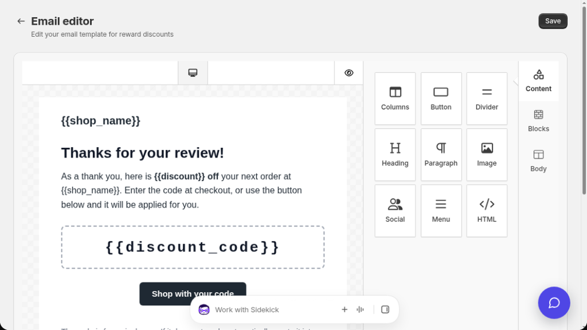 Reward discount email editor with merge tags and Save