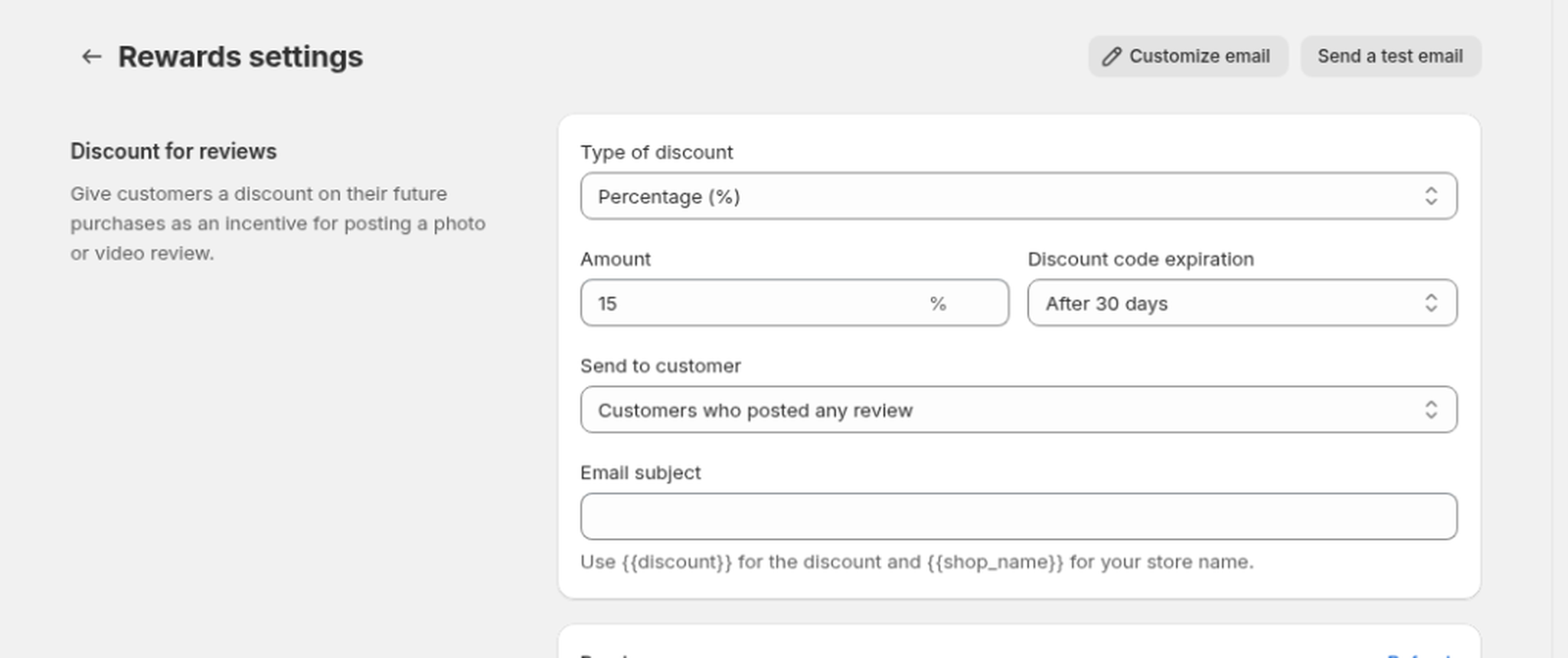 Rewards settings with percentage discount, expiration, Email subject, and Customize email