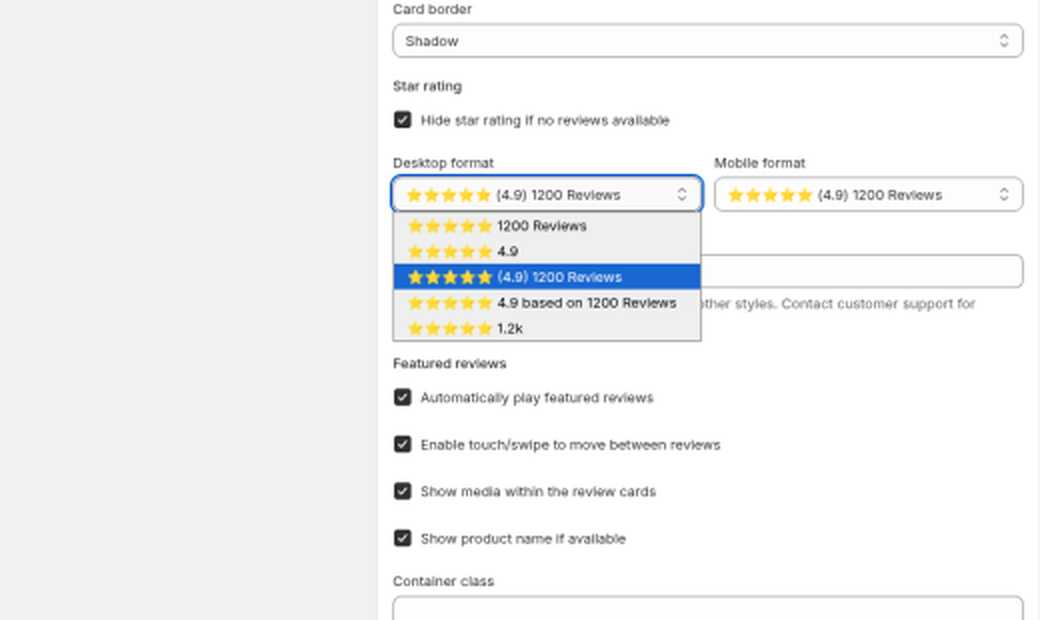 Star rating Desktop and Mobile format dropdowns showing all five options