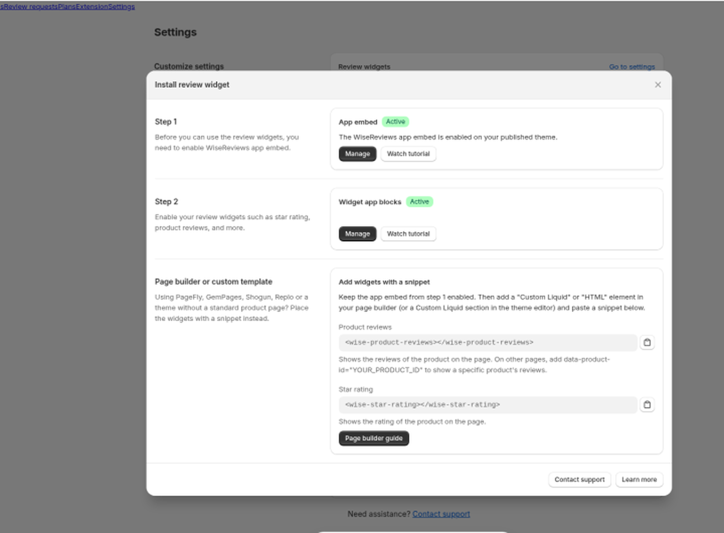Install review widget modal with app embed, app blocks, and snippets